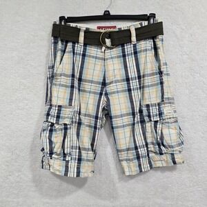 Levi Strauss Blue Yellow 100% cotton Plaid Cargo Shorts Mens Size 30 X 11 W/belt